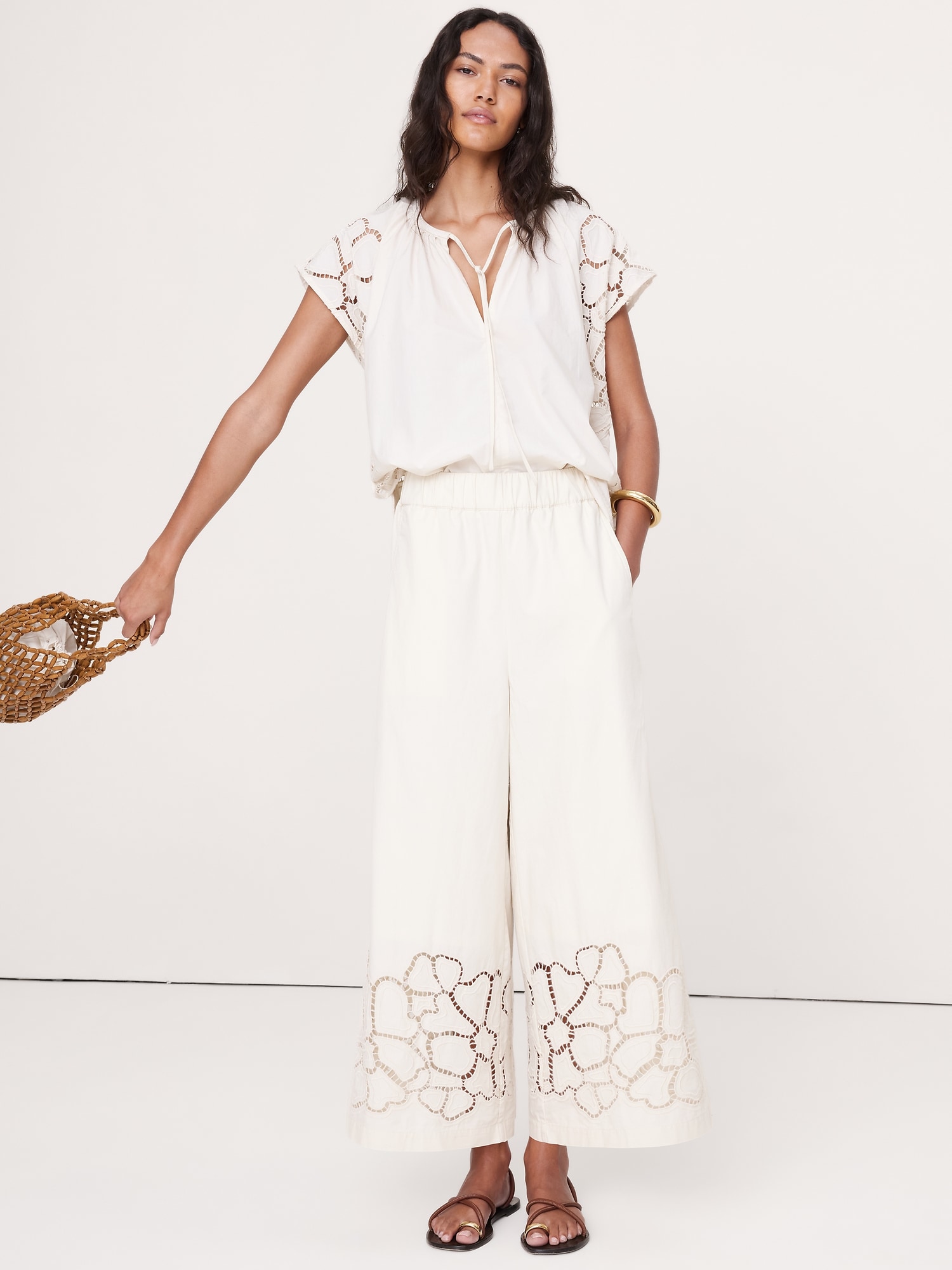 Image number 1 showing, The Pull-On Wide-Leg Ankle Pant in Embroidered Poplin