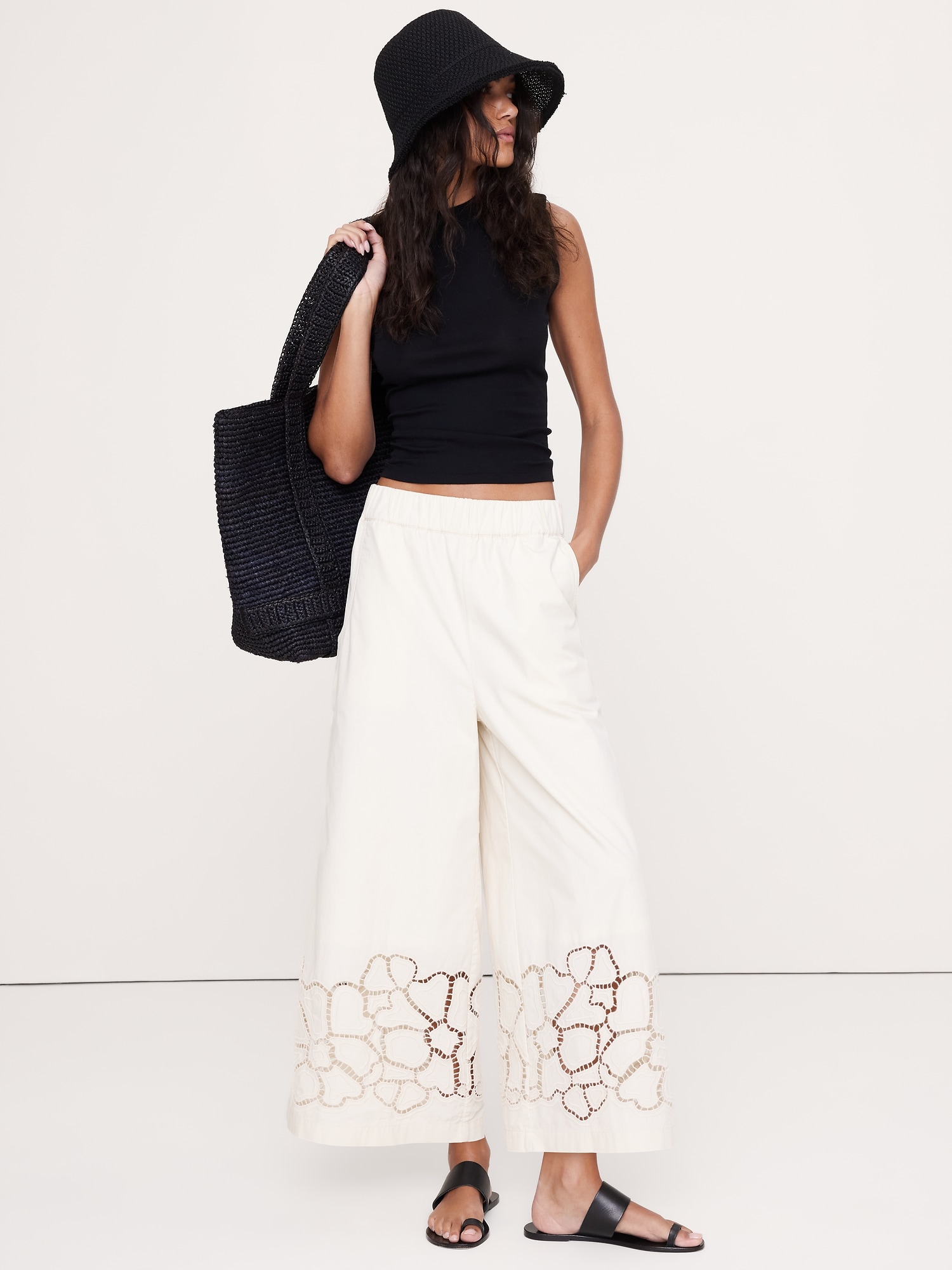 Image number 4 showing, The Pull-On Wide-Leg Ankle Pant in Embroidered Poplin