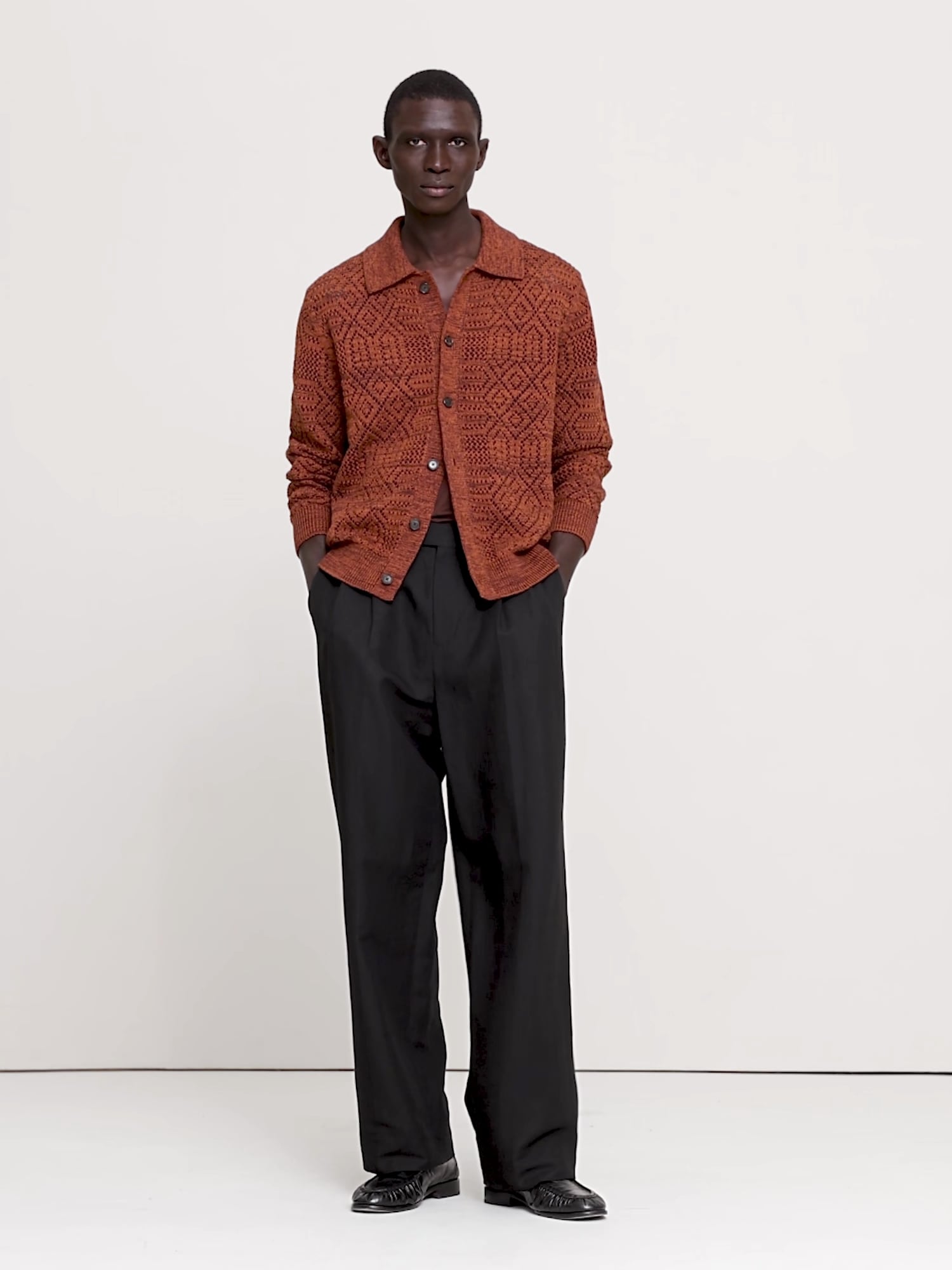 Linen-Cotton Textured Polo Cardigan