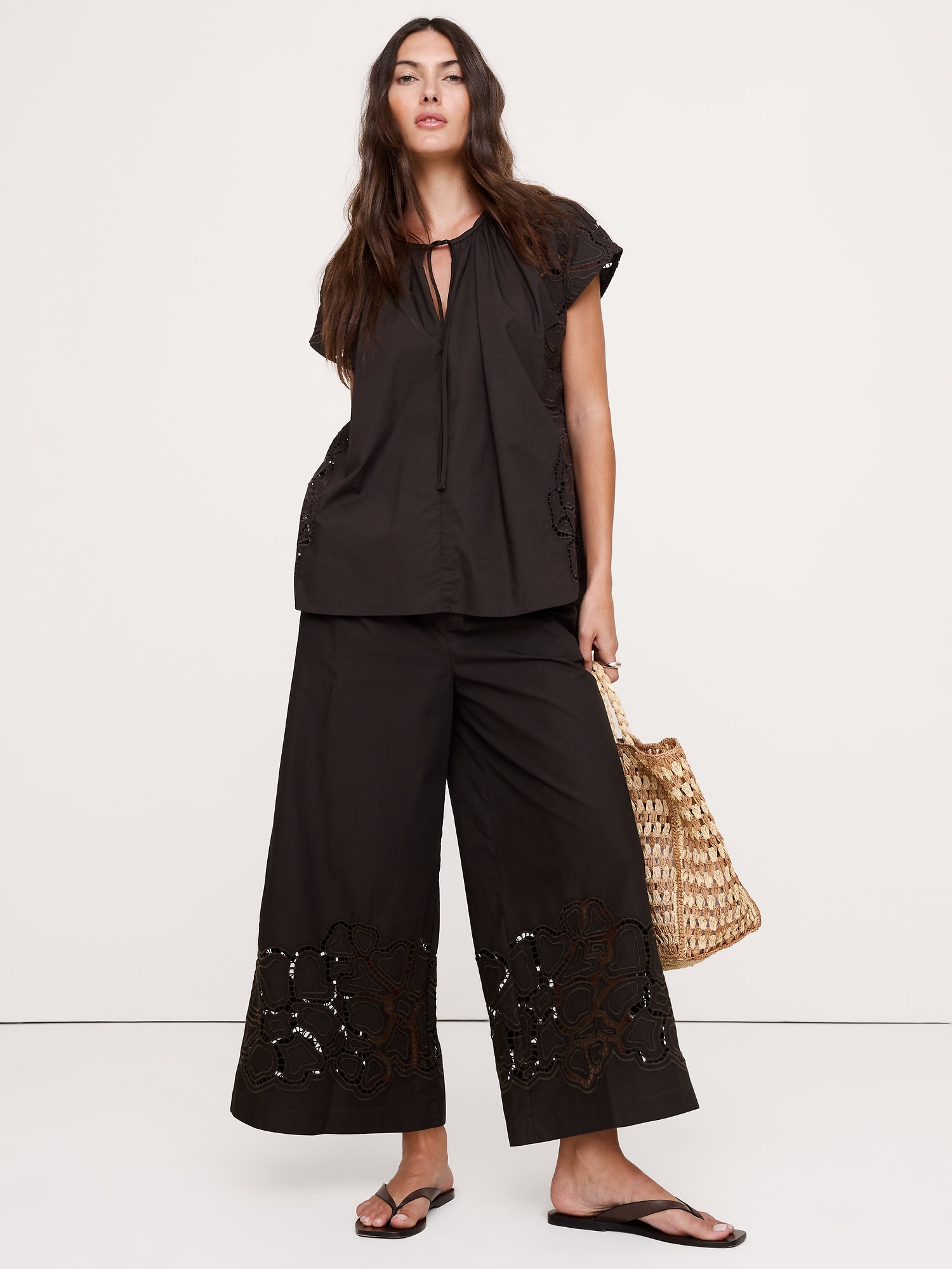 Image number 1 showing, The Pull-On Wide-Leg Ankle Pant in Embroidered Poplin