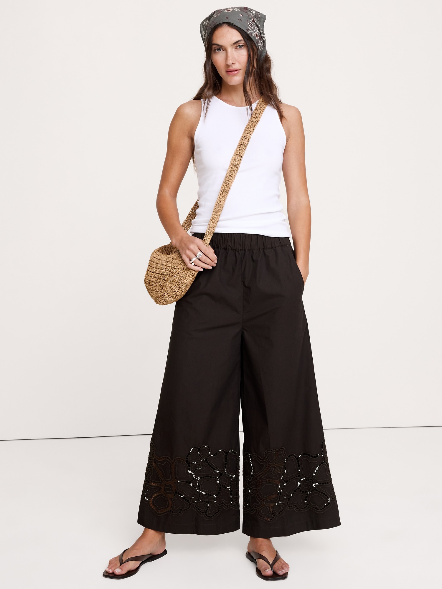 Image number 4 showing, The Pull-On Wide-Leg Ankle Pant in Embroidered Poplin