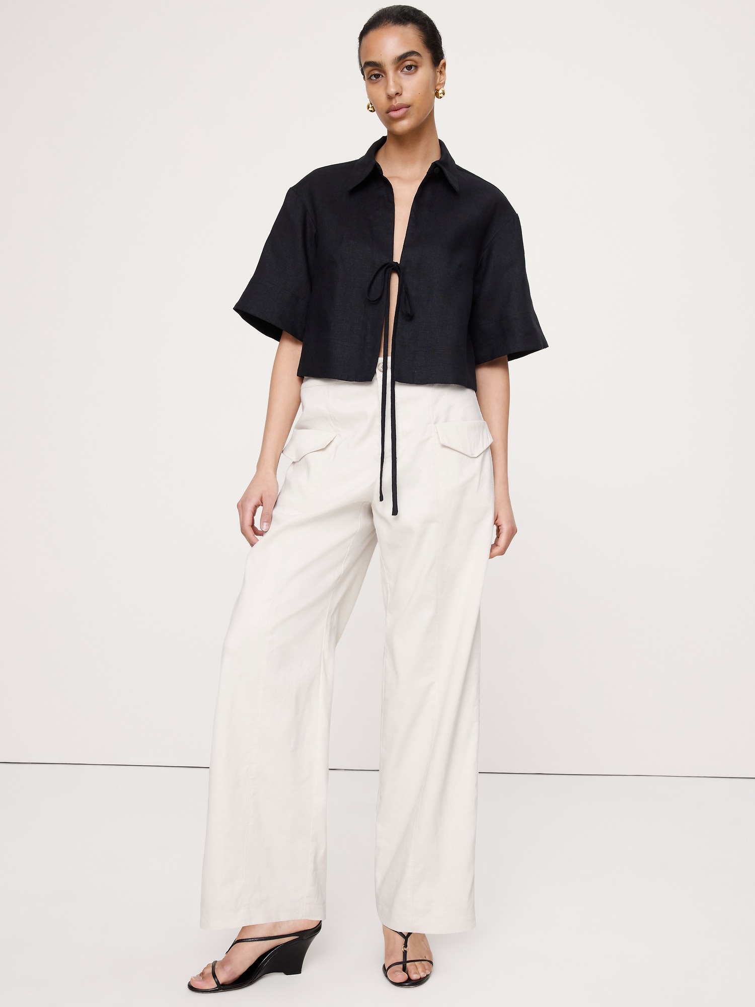 Image number 1 showing, Mid-Rise Straight Utility Pant in Stretch Linen-Viscose