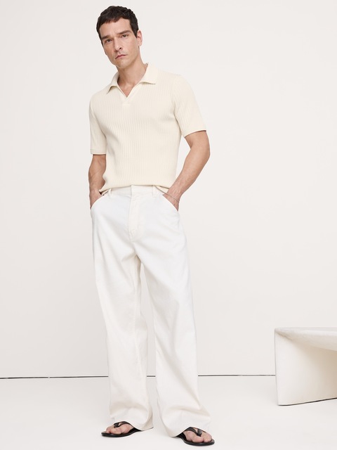 HAUT DÉCONTRACTÉ À COL POLO TRICOTEUSE EN COTON EXTENSIBLE CÔTELÉ