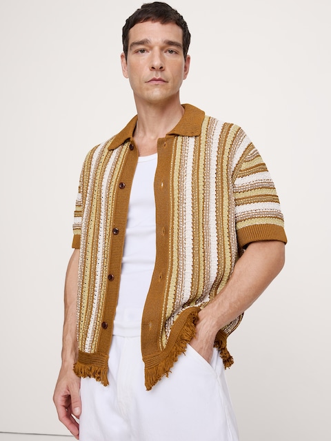CARDIGAN À COL POLO EN COTON À FRANGES