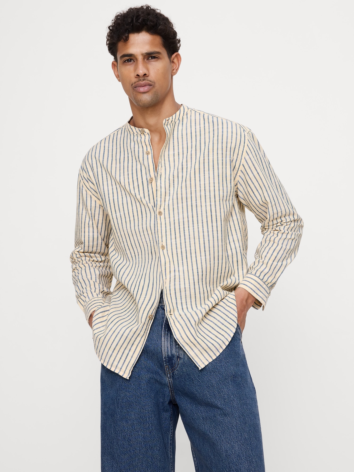 Image number 1 showing, Relaxed-Fit Cotton-Slub Banded-Collar Shirt