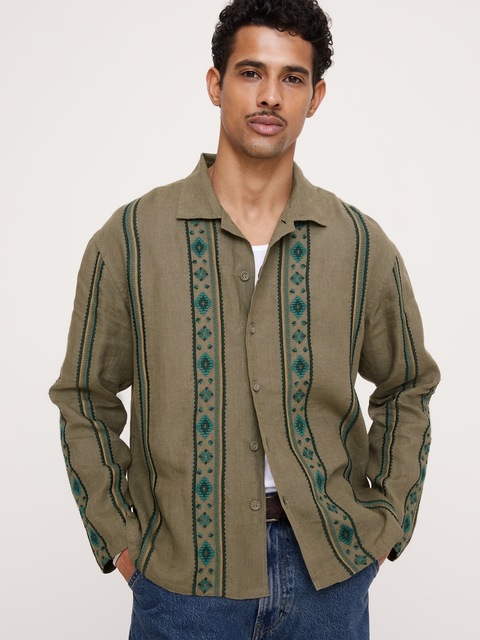 CHEMISE DE VACANCES BRODÉE DÉCONTRACTÉE EN LIN À MANCHES LONGUES