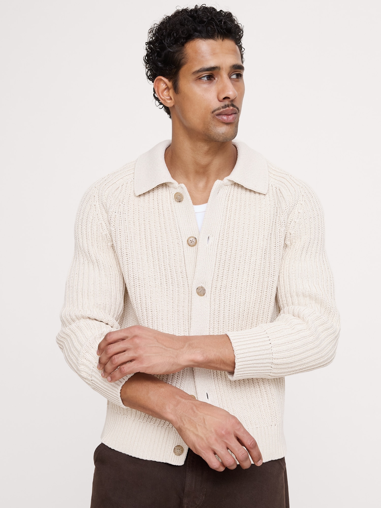 Image number 1 showing, Cotton Ribbed Polo Cardigan