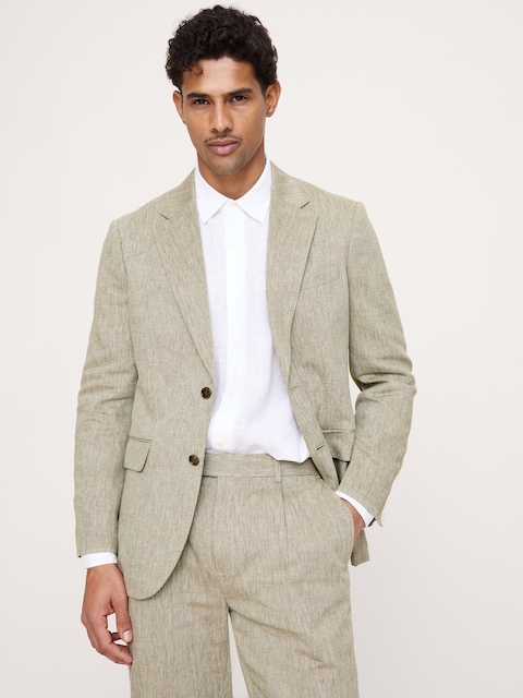 VESTE DE COMPLET RAFFINÉE DE COUPE ÉTROITE EN LIN ET COTON VERT