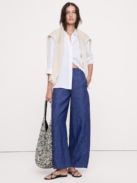 PANTALON DE PEINTRE DÉCONTRACTÉ À TAILLE MI-BASSE EXTENSIBLE EN LIN