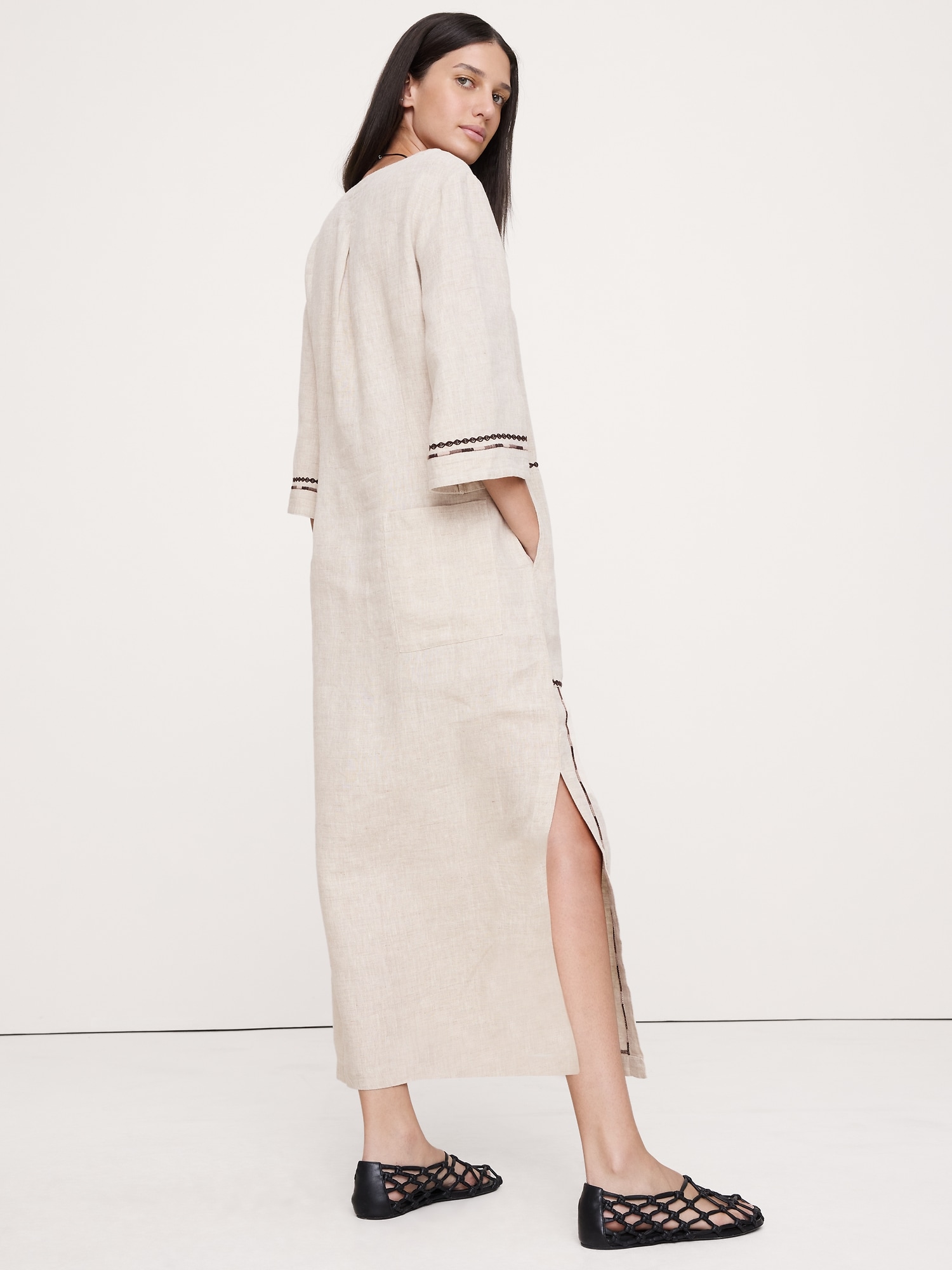 Image number 4 showing, Embroidered Linen Scoop-Neck Maxi Dress