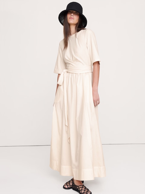 ROBE LONGUE TORSADÉE EN POPELINE DE COTON ET JERSEY
