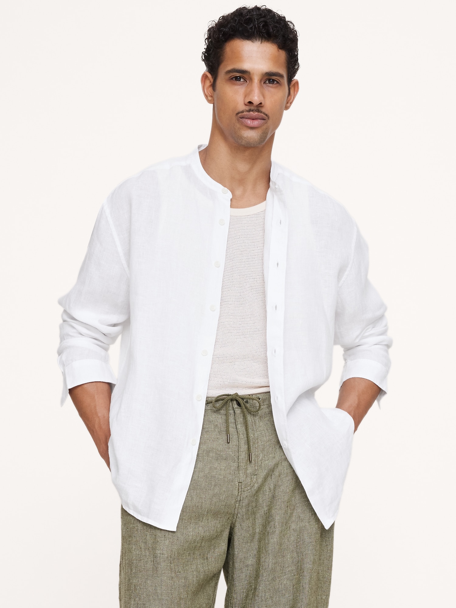 Image number 1 showing, Relaxed-Fit Linen Banded-Collar Shirt