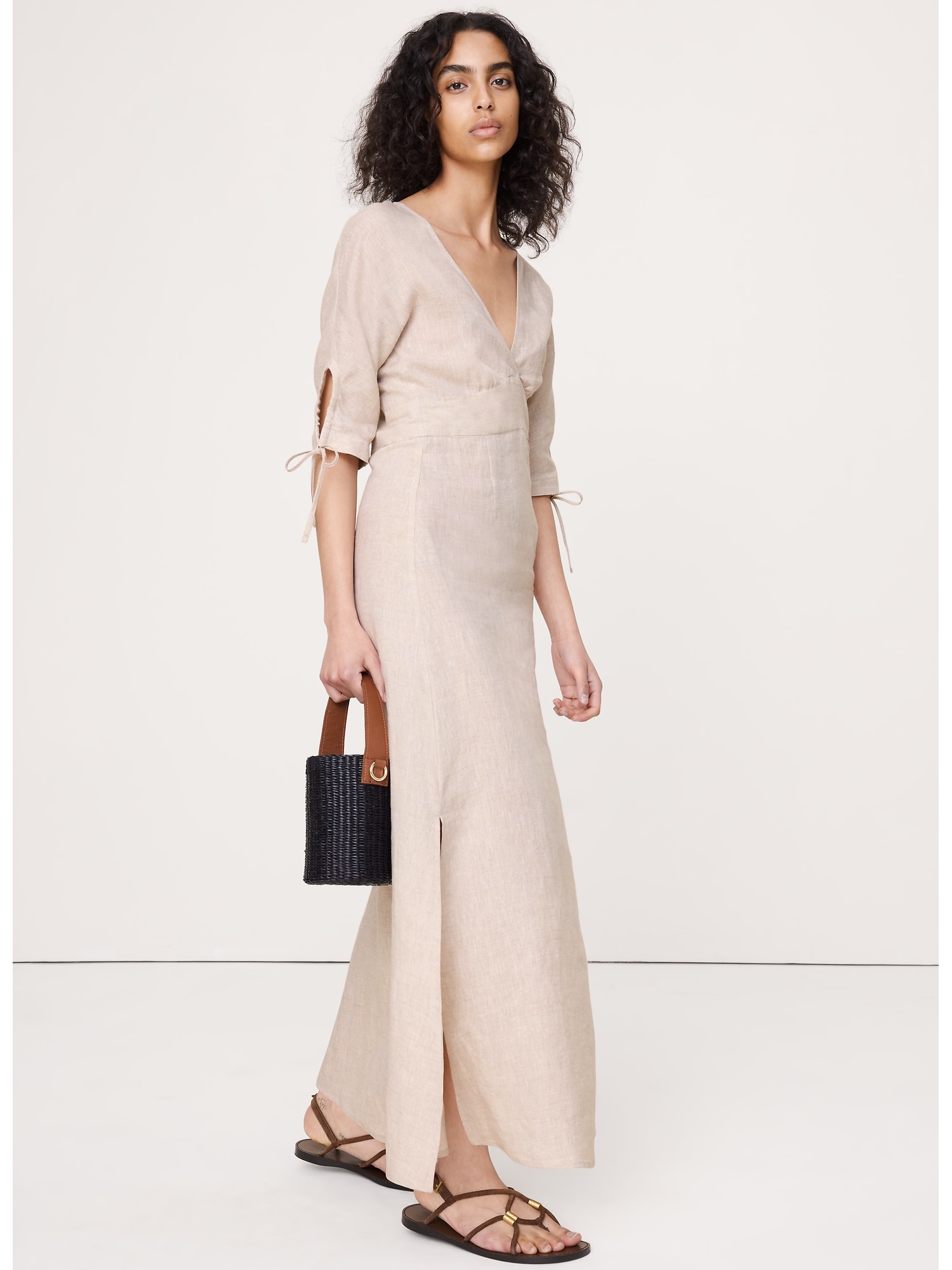 Image number 1 showing, Linen Tie-Sleeve Midi Dress