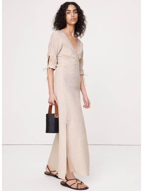 ROBE MI-LONGUE EN LIN AVEC MANCHES NOUÉES