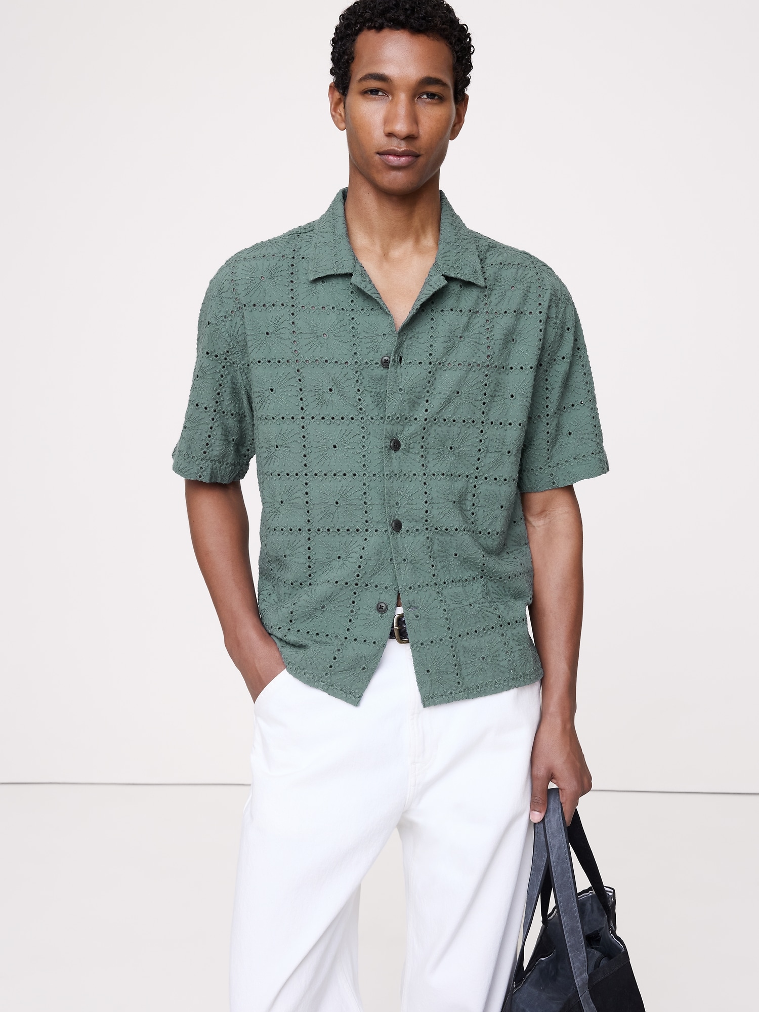 Image number 1 showing, Relaxed-Fit Embroidered Cotton Eyelet Resort Shirt