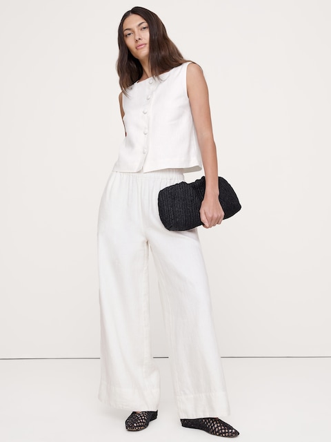 PANTALON À TAILLE HAUTE EXTENSIBLE À JAMBE LARGE EN LIN LONGUEUR CHEVILLE