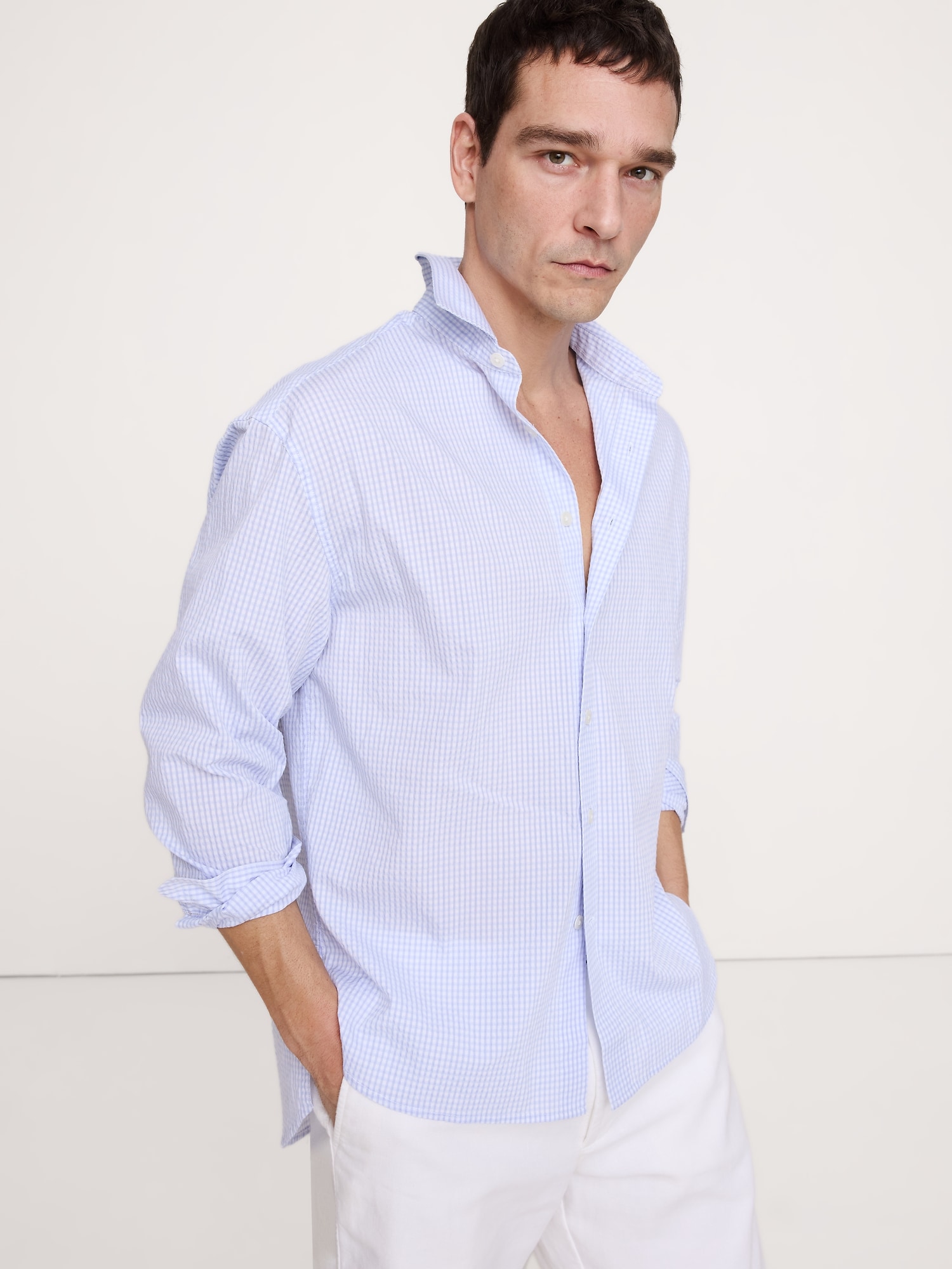 L'image numéro 1 présente Chemise décontractée en tissu gaufré à carreaux