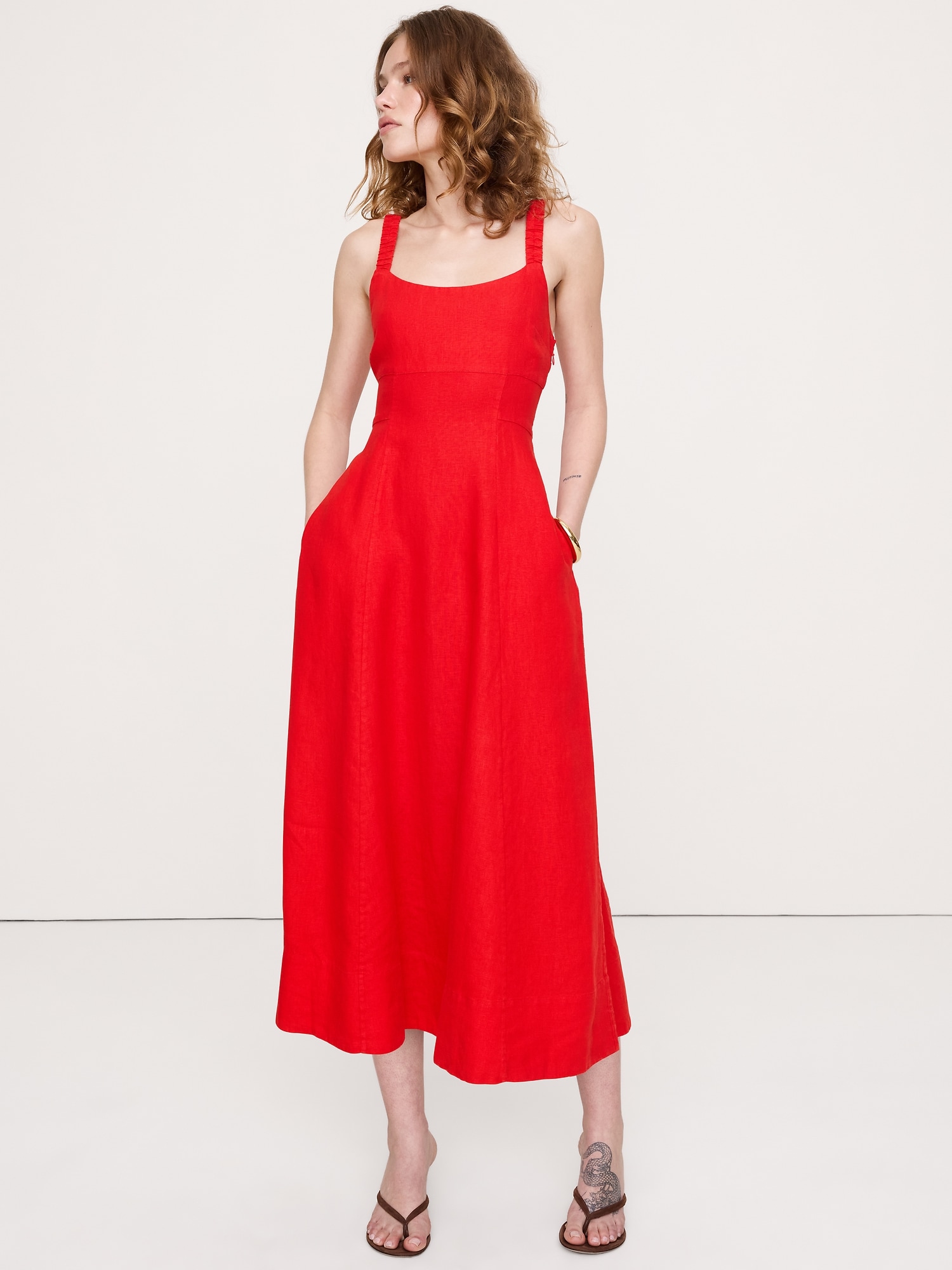 Image number 1 showing, Linen Square-Neck Midi Dress