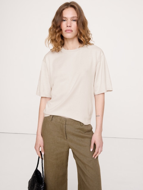 T-SHIRT EN MÉLANGE DE COTON ET SOIE PIED D'ALOUETTE