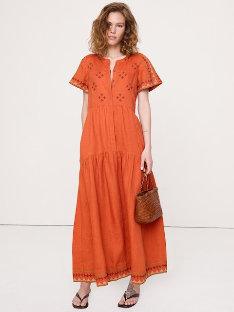 ROBE LONGUE ÉTAGÉE EN LIN BRODÉE