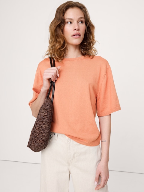 T-SHIRT EN MÉLANGE DE COTON ET SOIE PIED D'ALOUETTE