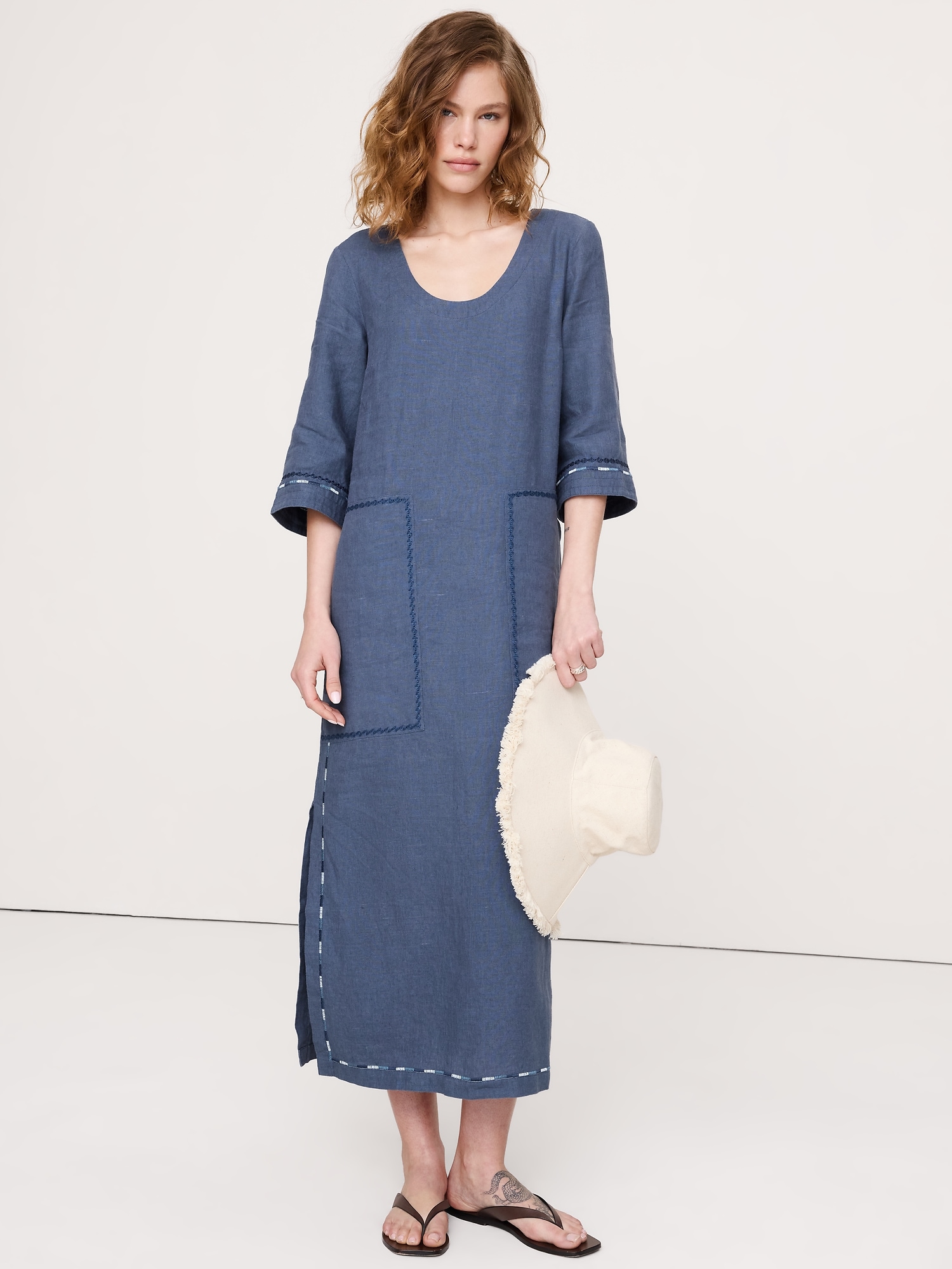 Image number 1 showing, Embroidered Linen Scoop-Neck Maxi Dress