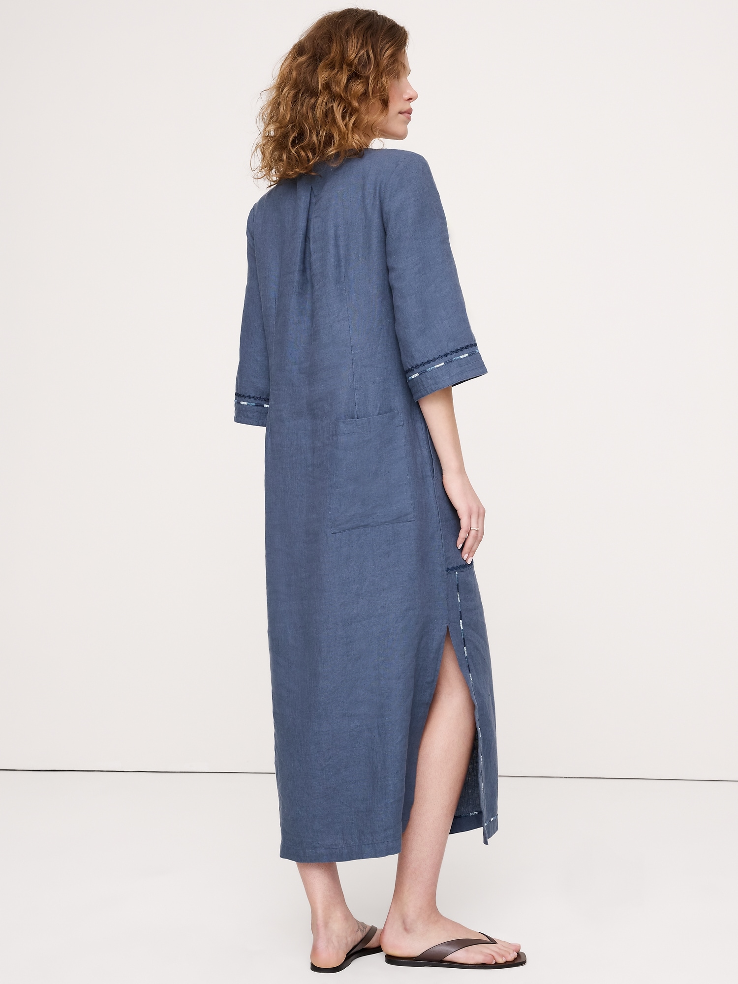 Image number 2 showing, Embroidered Linen Scoop-Neck Maxi Dress