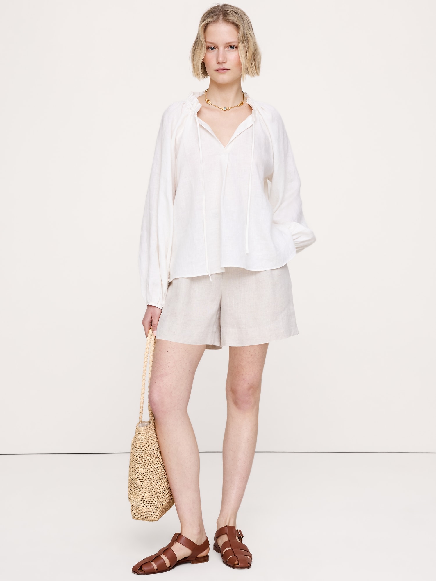 Image number 1 showing, Linen Ruffle-Neck Top