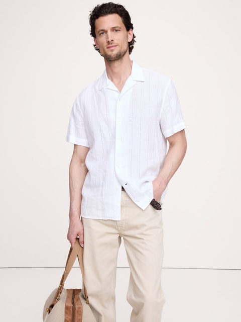 CHEMISE DE VACANCES COUPE STANDARD À RAYURES ET MOTIF AJOURÉ EN LIN ET COTON
