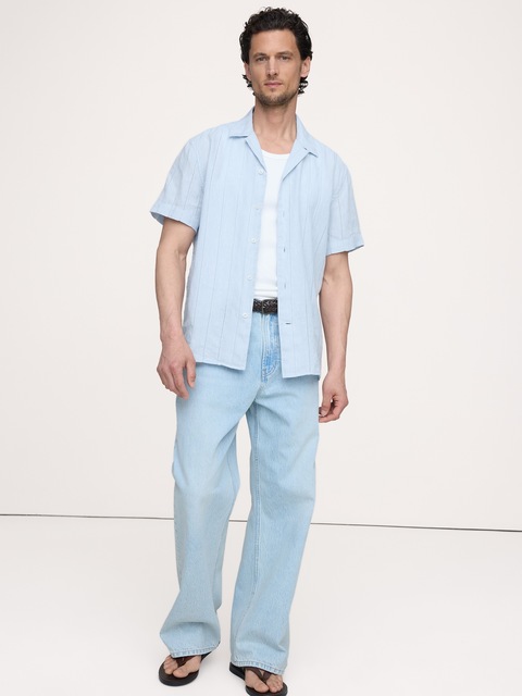 CHEMISE DE VACANCES COUPE STANDARD À RAYURES ET MOTIF AJOURÉ EN LIN ET COTON