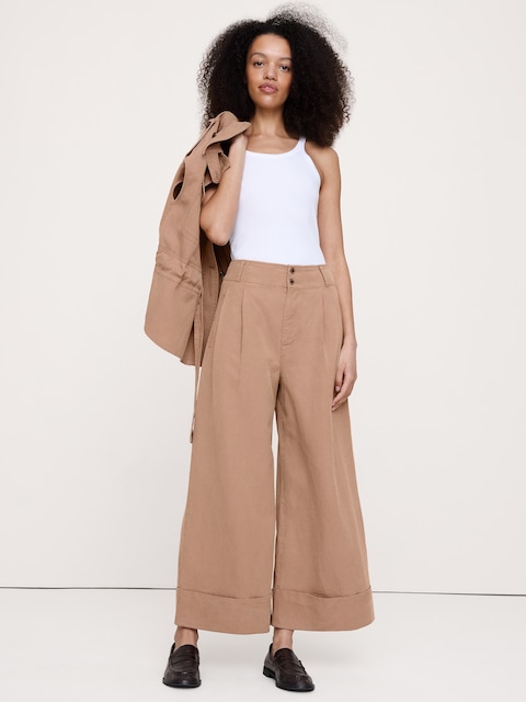 PANTALON COURT À TAILLE HAUTE ET JAMBE LARGE EN TENCEL™, COTON ET LIN
