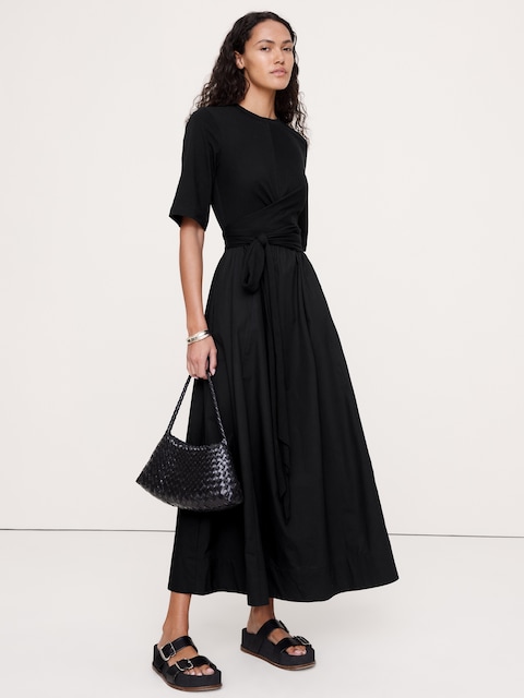 ROBE LONGUE TORSADÉE EN POPELINE DE COTON ET JERSEY