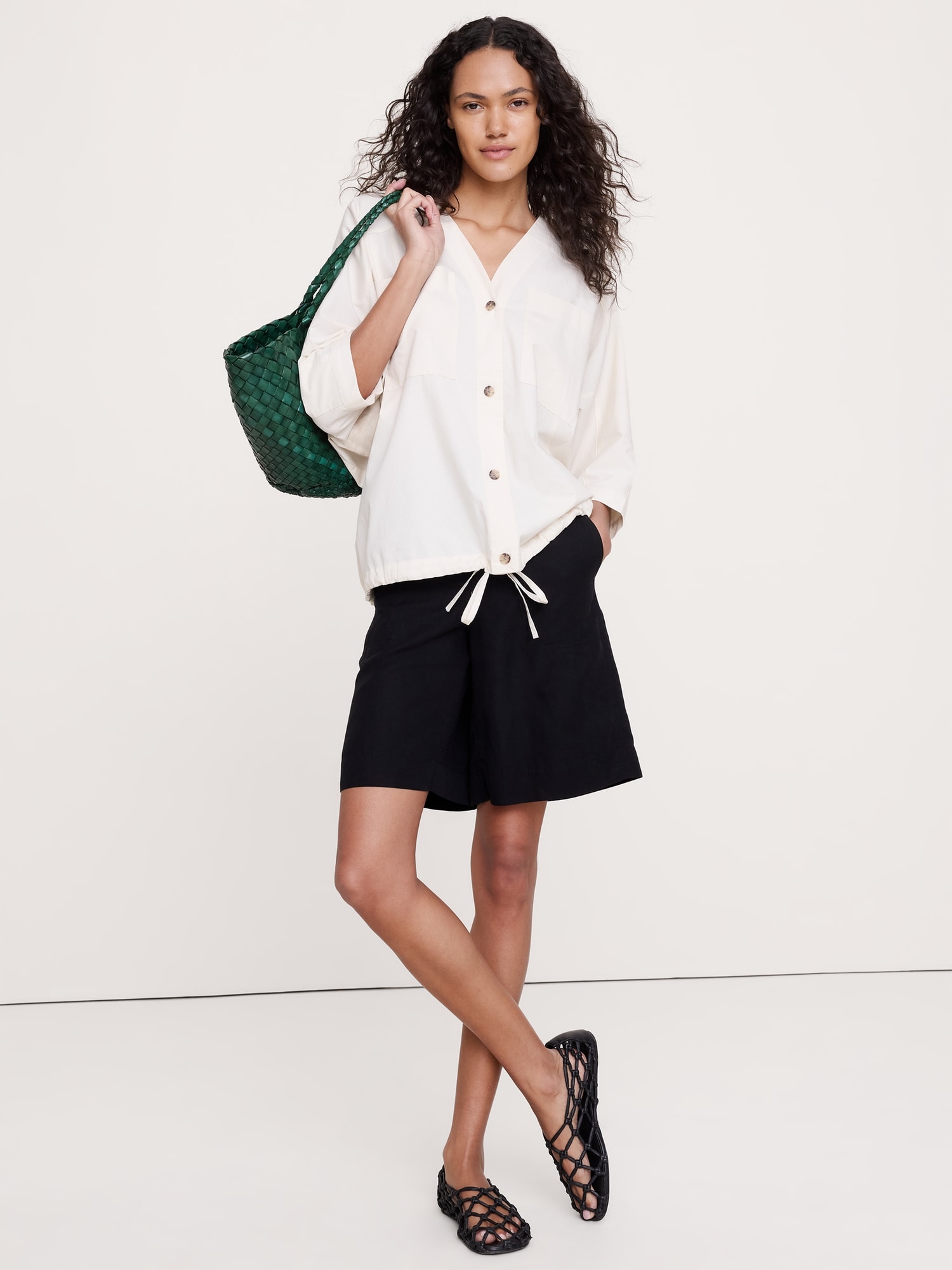 Image number 1 showing, Stretch-Cotton Drawstring-Hem Top