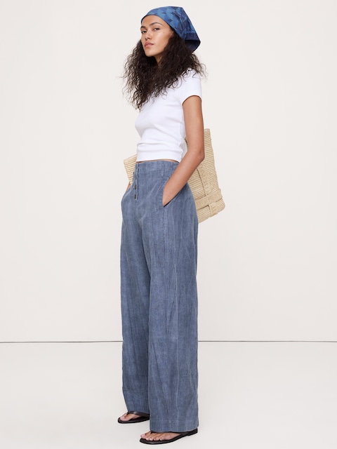 PANTALON COUPE BARIL DÉCONTRACTÉE À TAILLE HAUTE EN MÉLANGE DE COTON ET RAMIE