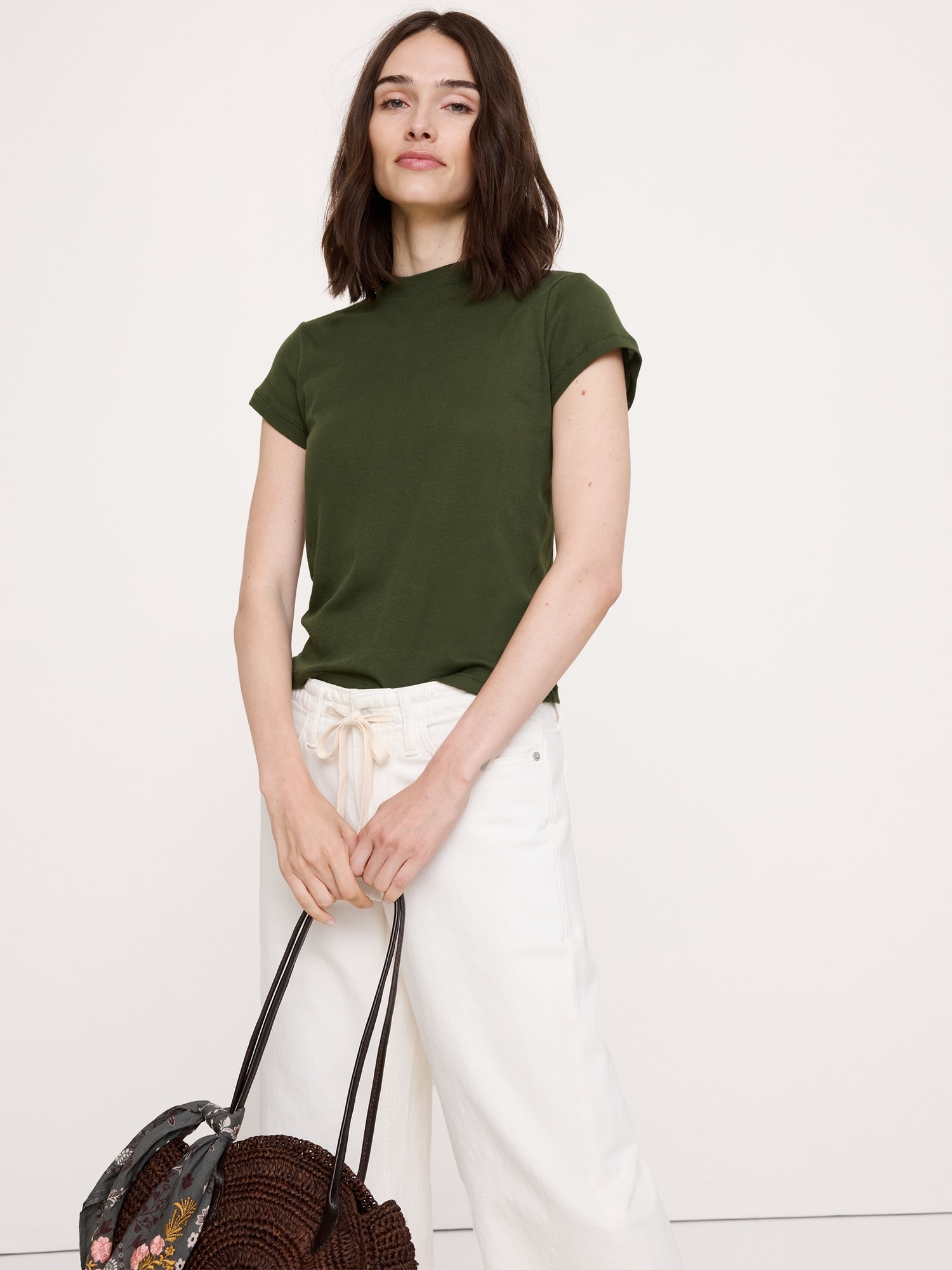 Image number 1 showing, Airy Cotton Mock-Neck T-Shirt