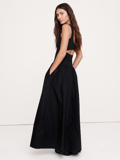 ROBE LONGUE EN POPELINE DE COTON EXTENSIBLE EFFET SCULPTANT