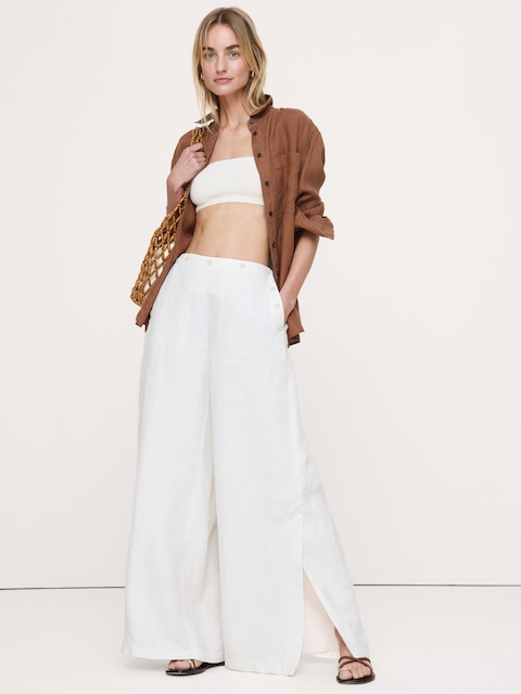 PANTALON DE MARIN À TAILLE EXTENSIBLE JAMBE LARGE ET TAILLE HAUTE EN LIN