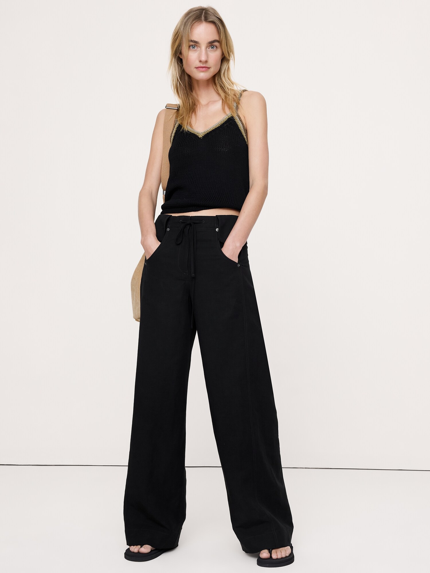 Image number 1 showing, Wide-Leg TENCEL™-Linen Pant with Foldover Waistband