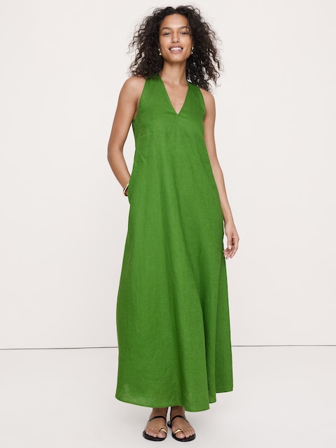 ROBE LONGUE À ENCOLURE BAIN DE SOLEIL EN LIN