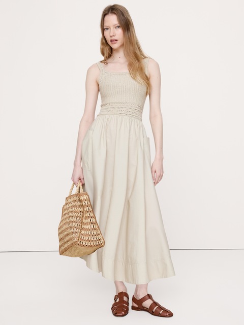 ROBE MI-LONGUE EN POPELINE DE COTON ET AU CROCHET