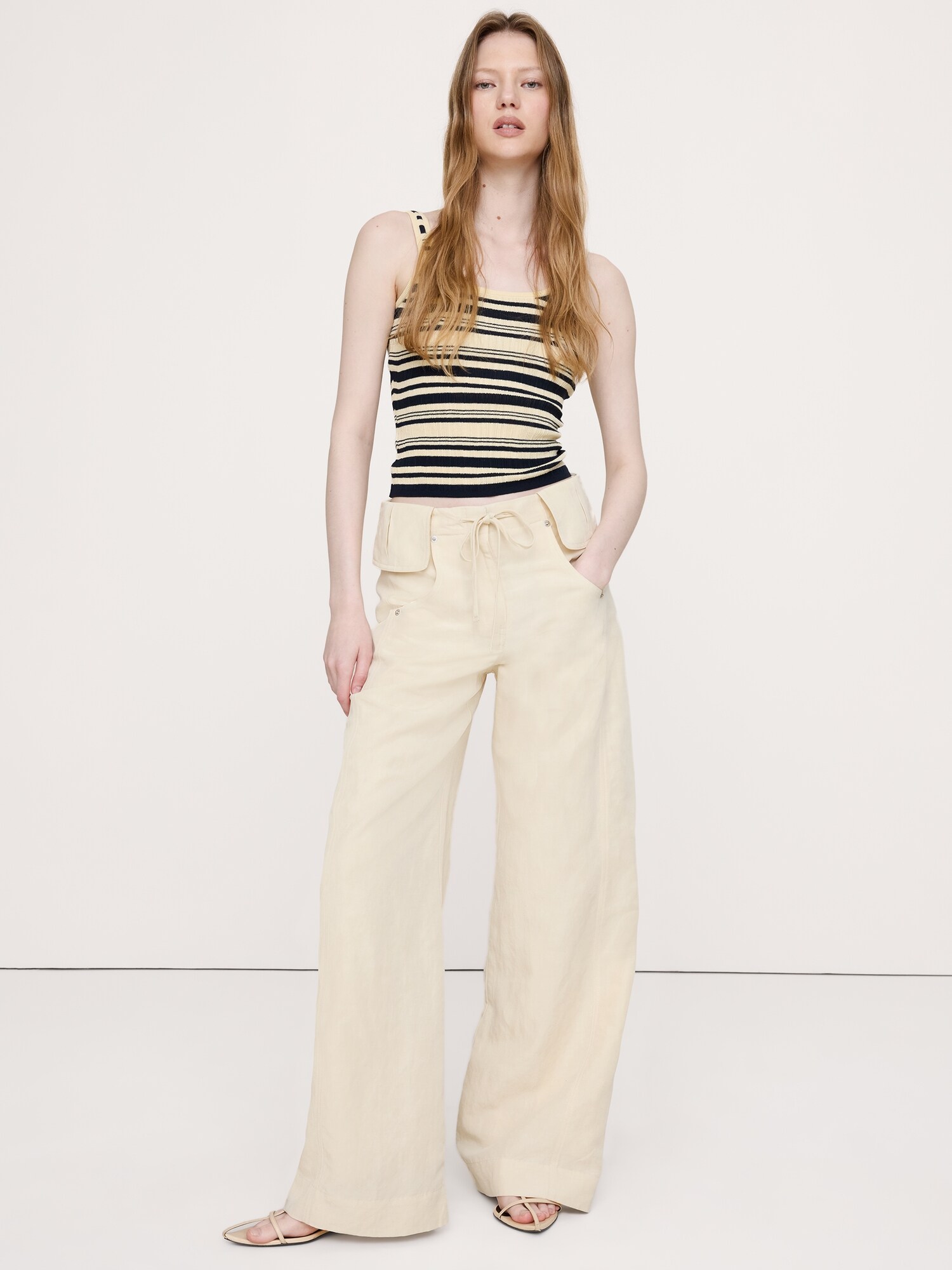 Image number 1 showing, Wide-Leg TENCEL™-Linen Pant with Foldover Waistband