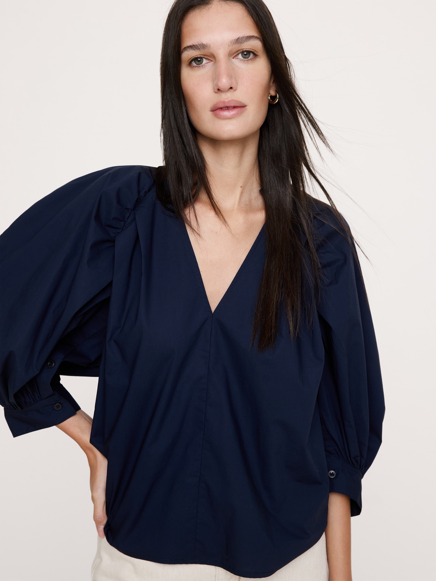 Image number 3 showing, Cotton Poplin Split-Neck Top
