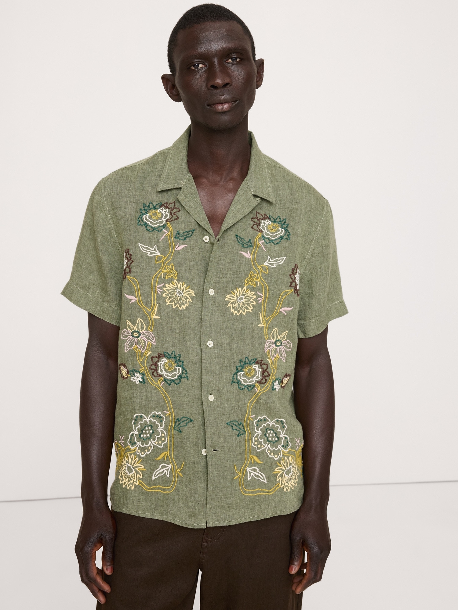 Image number 1 showing, Standard-Fit Embroidered Linen Resort Shirt
