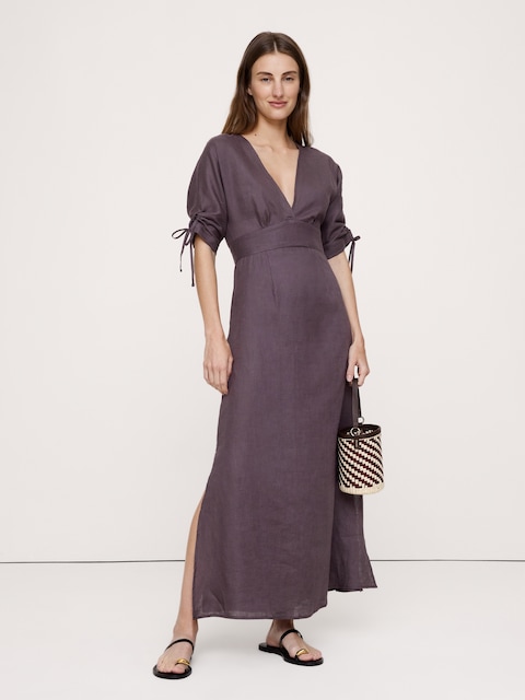 ROBE MI-LONGUE EN LIN AVEC MANCHES NOUÉES