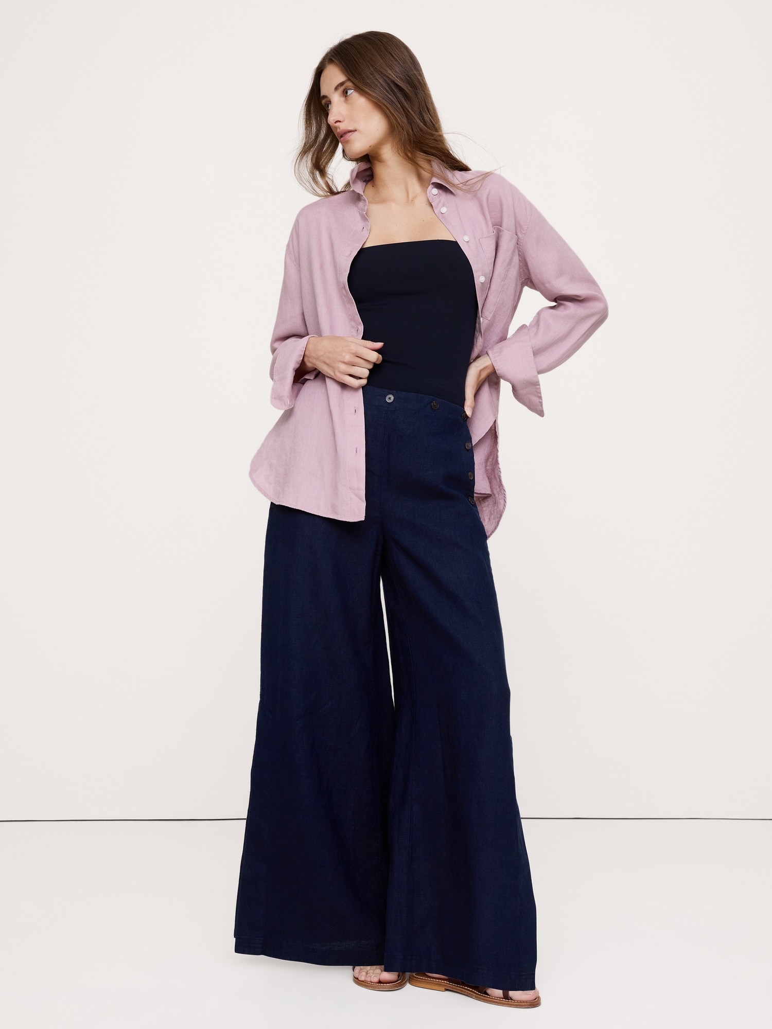 L'image numéro 1 présente Pantalon de marin à taille extensible jambe large et taille haute en lin