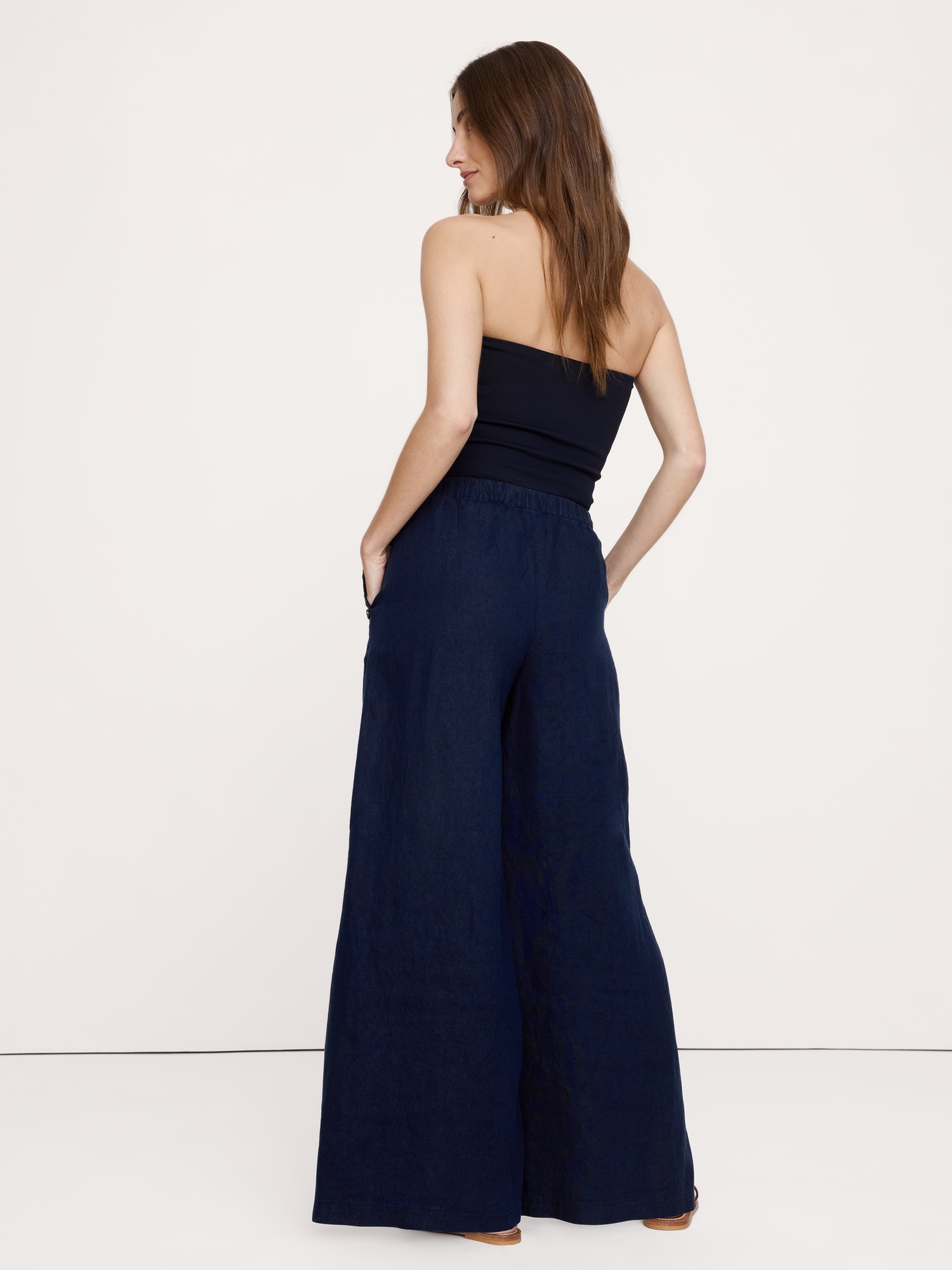L'image numéro 3 présente Pantalon de marin à taille extensible jambe large et taille haute en lin