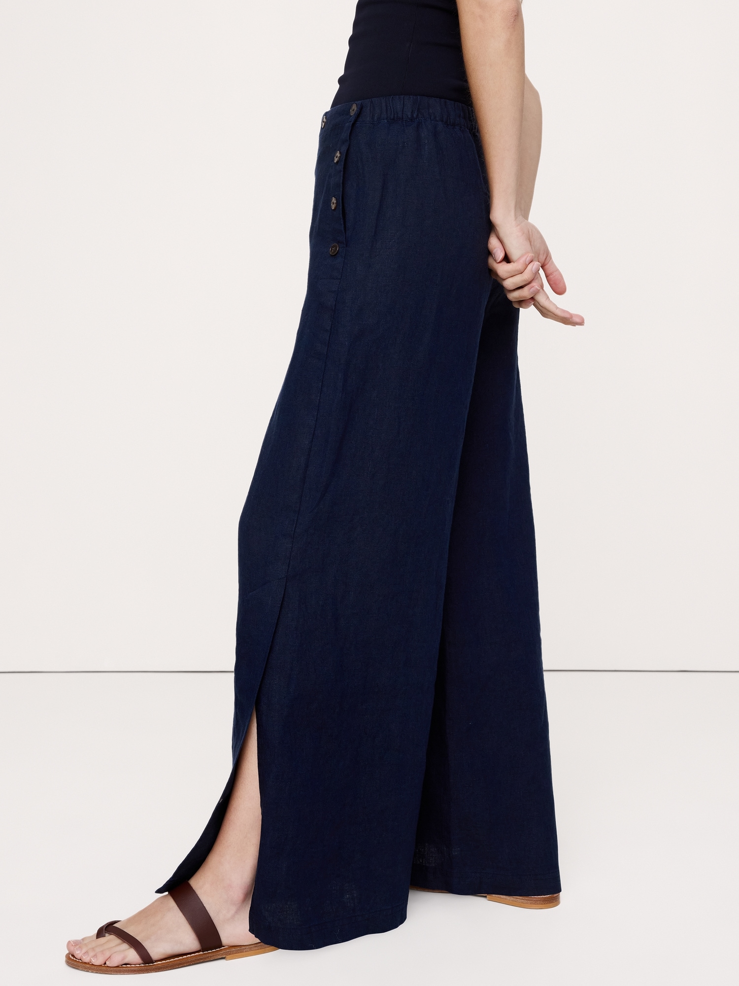 L'image numéro 4 présente Pantalon de marin à taille extensible jambe large et taille haute en lin