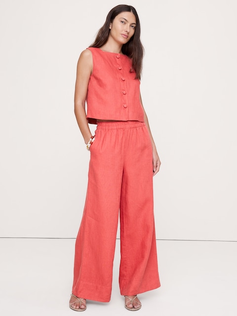 PANTALON À TAILLE HAUTE EXTENSIBLE À JAMBE LARGE EN LIN LONGUEUR CHEVILLE