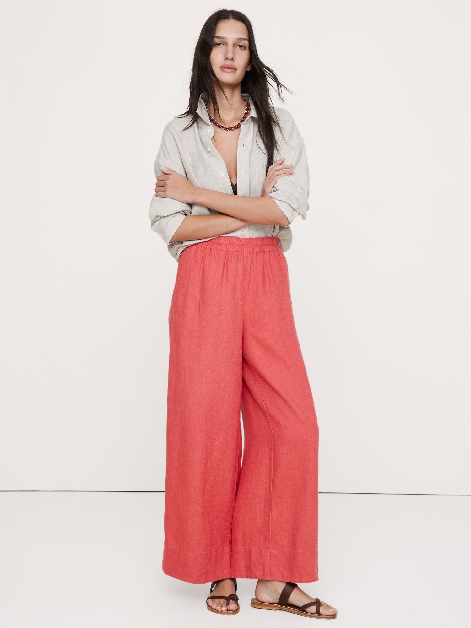 Image number 5 showing, High-Rise Wide-Leg Linen Pull-On Ankle Pant