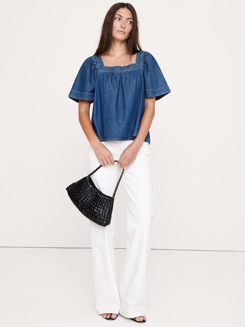HAUT À ENCOLURE CARRÉE EN CHAMBRAY